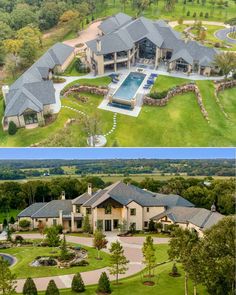 this is an aerial view of a large house with a pool in the front yard