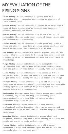 a document with the words,'my evaluation of the rising signs '