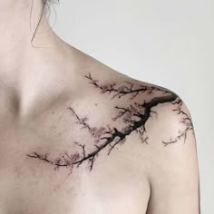 the back of a woman's shoulder with branches tattooed on her left arm and chest