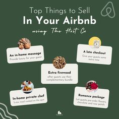 Starting an Airbnb store? Here are the top-selling items hosts are selling using The Host Co's digital stores. In-home massage, extra firewood, late check-outs, in-home private chefs, and romance packages. What would you sell? Renting Tips, Host Ideas, Boutique Motel, Airbnb Templates