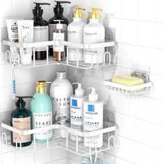 the bathroom shelves are organized with soaps, lotions and other hygiene products