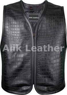 Men's Alligator Embossed Leather Vest, motorcycle Style Biker Black Genuine Leather Vest, Mens Alligator Vest Biker, Black Leather waistcoat *return policy* We do not compromise on quality and comfort. Return and Refund Policy: This item includes a 100% Money Back Guarantee! If you are not completely satisfied with your purchase for any reason, you received damaged, faulty product or you did not receive the size that you originally ordered, just send it back to our return address and we will iss Fitted Biker Vest With Zipper Closure, Black Fitted Moto Vest, Black Biker Vest With Zipper Closure, Black Fitted Biker Vest, Black Fitted Motorcycle Vest, Leather Vest Mens, Leather Waistcoat, Mens Vests, Custom Jacket