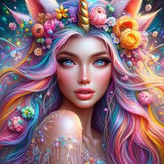 a beautiful woman with long hair and flowers on her head, wearing a unicorn costume