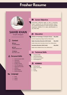 a pink and black resume template with an image of a person on the front page