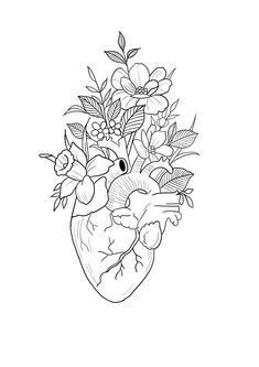 a drawing of a heart with flowers in it