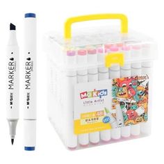 two markers and one marker pen in a plastic case