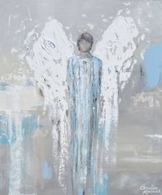 an angel painting with white wings and blue paint on it's face, standing in front of a gray background