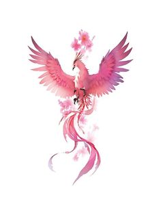 a pink bird with wings and flowers on it's back is flying in the air