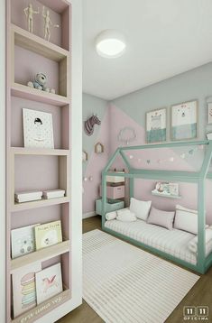 a bedroom with pink and blue walls, white bedding and shelves