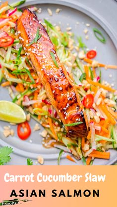 This Asian salmon is marinated in the aromatic mixture of soy sauce, lemongrass, ginger, garlic and lime with a touch of chilli, then quickly oven baked. Cucumber Slaw, Asian Salmon, Sommer Mad, Spicy Peanut Sauce, Mapo Tofu, Meal Prep Plans, Baked Salmon Recipes, Pescatarian Recipes, Salmon Dishes