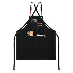 a black apron with two pockets on it