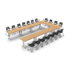 an empty conference table with black chairs and a wooden top in front of a white background