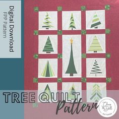 a quilted christmas tree pattern on a red background with the words free quilt pattern