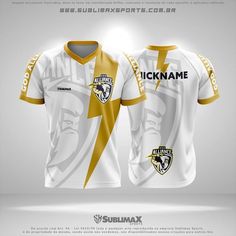 a white and gold soccer jersey with the words kickname on it