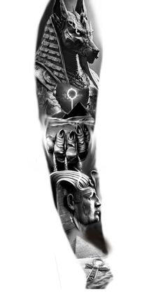 black and white photo of an arm tattoo with egyptian symbols on the left side of the arm