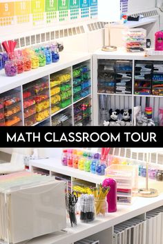 a classroom with lots of craft supplies on the shelves and in bins for storage