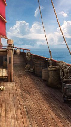 the deck of a ship with ropes and buckets on it