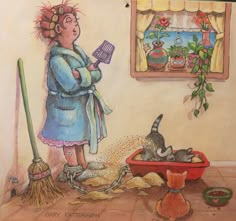 a drawing of a woman cleaning the floor with a broom and dustpane in front of her