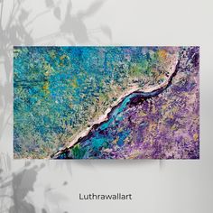 an abstract painting with blue, green and purple colors on the bottom half of it