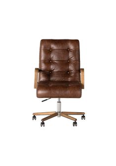 a brown leather office chair with wheels and casteors on an isolated white background, viewed from the front