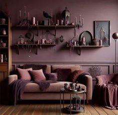 Mauve House Decor, Dark Mauve Accent Wall, Dark Mauve Living Room, Deep Mauve Bedroom, Dark Purple Office Walls, Colorful Moody Living Room, Moody Purple Room, Mauve Home Decor, Moody Pink Living Room