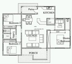 the floor plan for an apartment with three bedroom and two bathrooms, including one living room