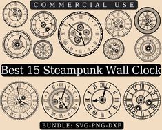 the best steampunk wall clock bundle is shown in black and white, with different styles