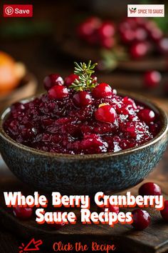 a bowl filled with cranberry sauce on top of a wooden table