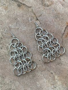 A pair of chainmail earrings European pattern. Simple and very versatile style. Triangular shape.  nickel and lead free. Nickel Free Chain Link Metal Jewelry, Nickel-free Chain Link Jewelry, Metal Drop Earrings With Silver Chain, Nickel-free Metal Chain Link Jewelry, Silver Chain Link Earrings, Silver Chain Metal Earrings As Gift, Silver Chain Drop Earrings, Silver Chainmail Metal Jewelry, Dangle Earrings With Silver Chain