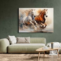 two horses running through the air in a living room