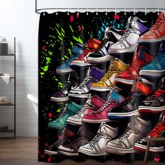 a shower curtain with colorful sneakers on it