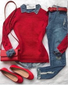 Red Sweater, Casual Winter Outfits, 가을 패션, Casual Fall Outfits, Winter Fashion Outfits, Outfits Casuales, Look Fashion, Chic Outfits, Spring Outfits