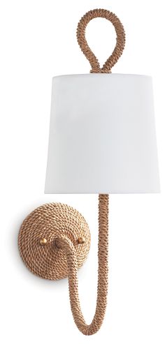 a rope lamp with a white shade on the end and a light bulb attached to it