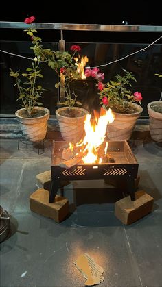 a fire pit sitting on top of a table surrounded by potted plants