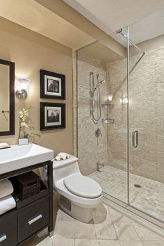 a bathroom with a walk in shower next to a white toilet and sink under a mirror