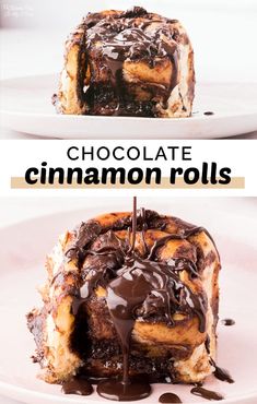 chocolate cinnamon rolls are stacked on top of each other and drizzled with melted chocolate