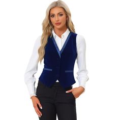 Pair with the solid color blouse or ruffle neck shirt for a casual business style. In this vintage solid color velvet fabric design, this vest is classic and timeless for your daily outfits. Classic OL style, fit for office and other formal occasions. Retro contrast satin with velvet can show your elegance and more charming, making you look more and more capable. Dark Blue Business Outfit, Color Blouse, Brown Vest, Business Style, Halloween Women, Womens Clothing Sizes, Business Outfits, Chic Woman, Casual Fits