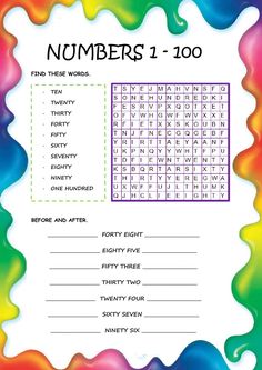 the word search for numbers 1 - 100 is shown in rainbows and white letters