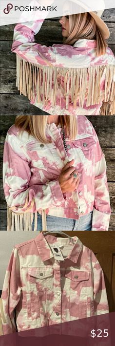 Pink and white tie dye Jean jacket with fringe Jean Jacket With Fringe, Diy Denim Jacket, White Jean Jacket, Peach Love, Denim Diy