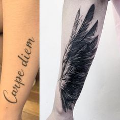 two different tattoos with words on them, one is black and the other has white ink