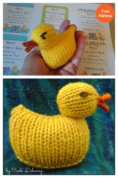 two pictures one is yellow and the other has a knitted duck