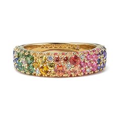 A mosaic of multi-colored natural sapphires dotted with natural diamond accents creates a rainbow of color along this beautiful ring. Its warm 14-karat yellow gold beautifully complements all the gemstones. Rainbow Stone Ring, Rainbow Diamond Ring, Rainbow Wedding Ring, Rainbow Gemstone Ring, Rainbow Engagement Ring, Colorful Wedding Band, Rainbow Wedding Band, Spirit Stone, Mosaic Rainbow