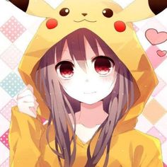 a girl with long hair wearing a pikachu hoodie and holding her hands up