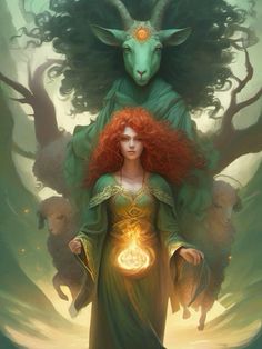 a woman with long red hair standing in front of two animals and holding a glowing orb