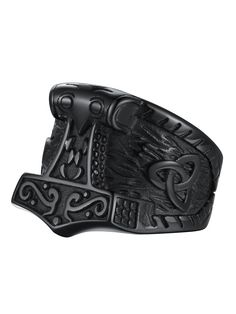 two black bracelets with intricate designs on the sides and one has an eagle head