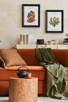 a living room with an orange couch and two pictures on the wall above it,