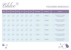 the feeding schedule is shown in purple and white, with an image of a dog's paw on it