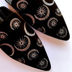 I'm so excited to be offering my Hecate Triple Moon + Star Mules! These super comfortable and elegant witchy black velvet vegan suede mules with embroidered crescent moon and stars in antique silver metallic thread are perfect for wearing for all things witchy from rituals and spellwork to celebrations and daily life. Expect 2 weeks for delivery sizes 35 - 40. 4-5 weeks delivery for size 41-42.ITEM DETAILS:>>> True to size>>> Black velvet vegan suede>>> Embroidered Witch Shoes, Triple Moon, Suede Mules, Witchy Woman, Moon Star, Moon And Stars, Metallic Thread, Stars And Moon, Crescent Moon