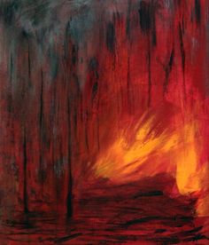 a painting with red and black colors on the bottom, yellow flames in the middle