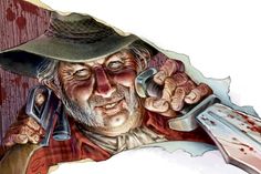 a drawing of an old man holding a knife and talking on the phone while wearing a hat